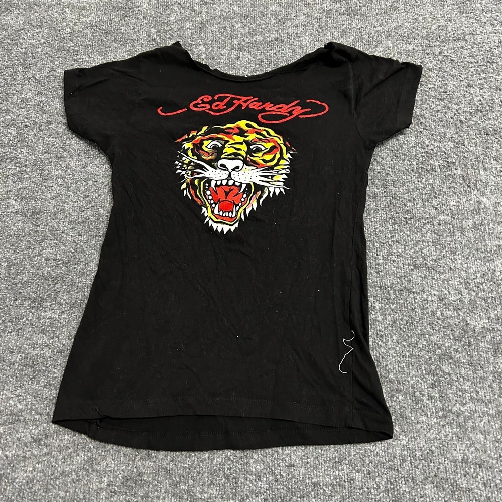 Ed Hardy T-Shirt Womens Size L Black Tiger Graphic Raw Neck Y2K Streetwear Tee